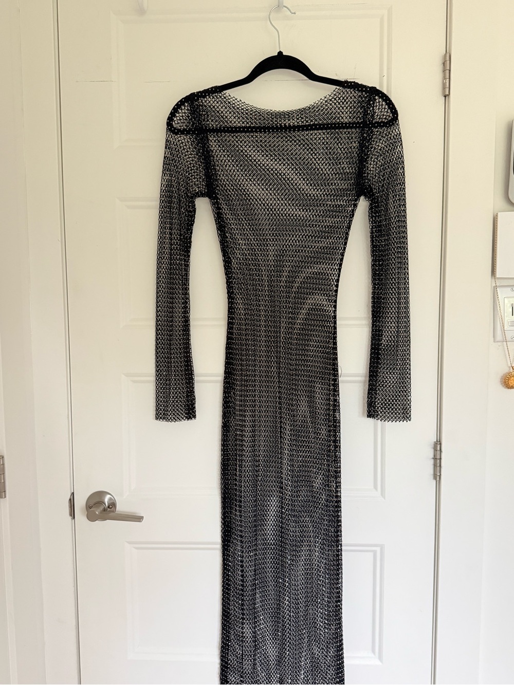 Dynamite Black Long Sleeve Sheer Mesh Maxi Dress with Metallic Thread